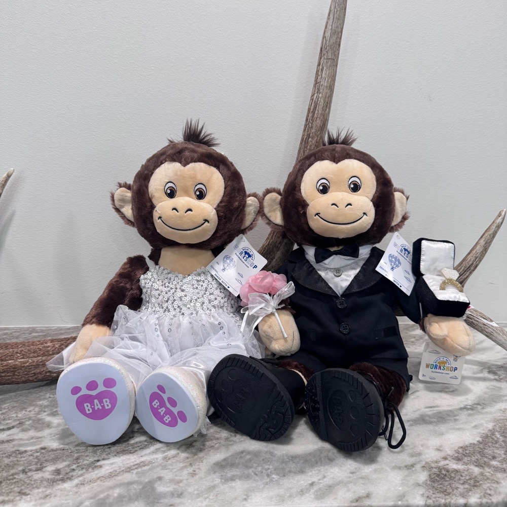 Build-A-Bear Workshop Wedding Monkey Bride and Groom Plush Set NWT 16 inch